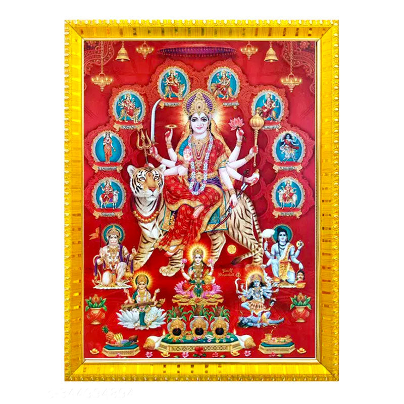 Koshtak Durga Maa/Vaishno Devi/Nav Durga on Tiger Maa Kali, Saraswati & Laxmi Religious Photo With Frame