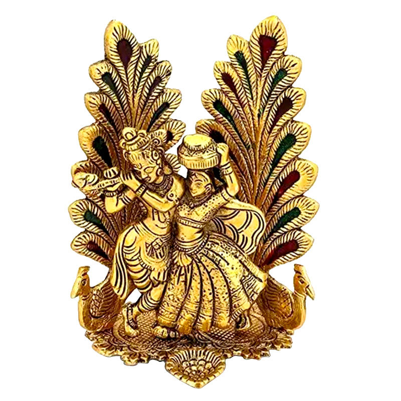 Radha Krishna Matki Mor Phankhi Metal Murti for Worship & Luck