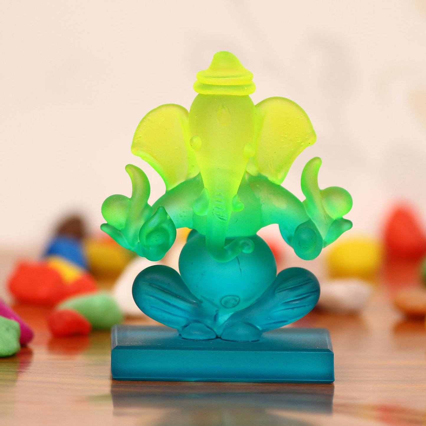 Lord Ganesha | Green and Blue Double Sided Crystal | Car Showpiece