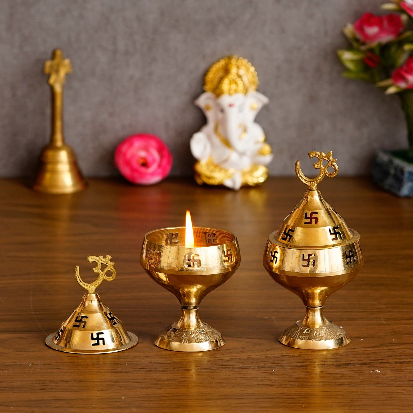 Om and Swastik Brass Diya | Set of 2